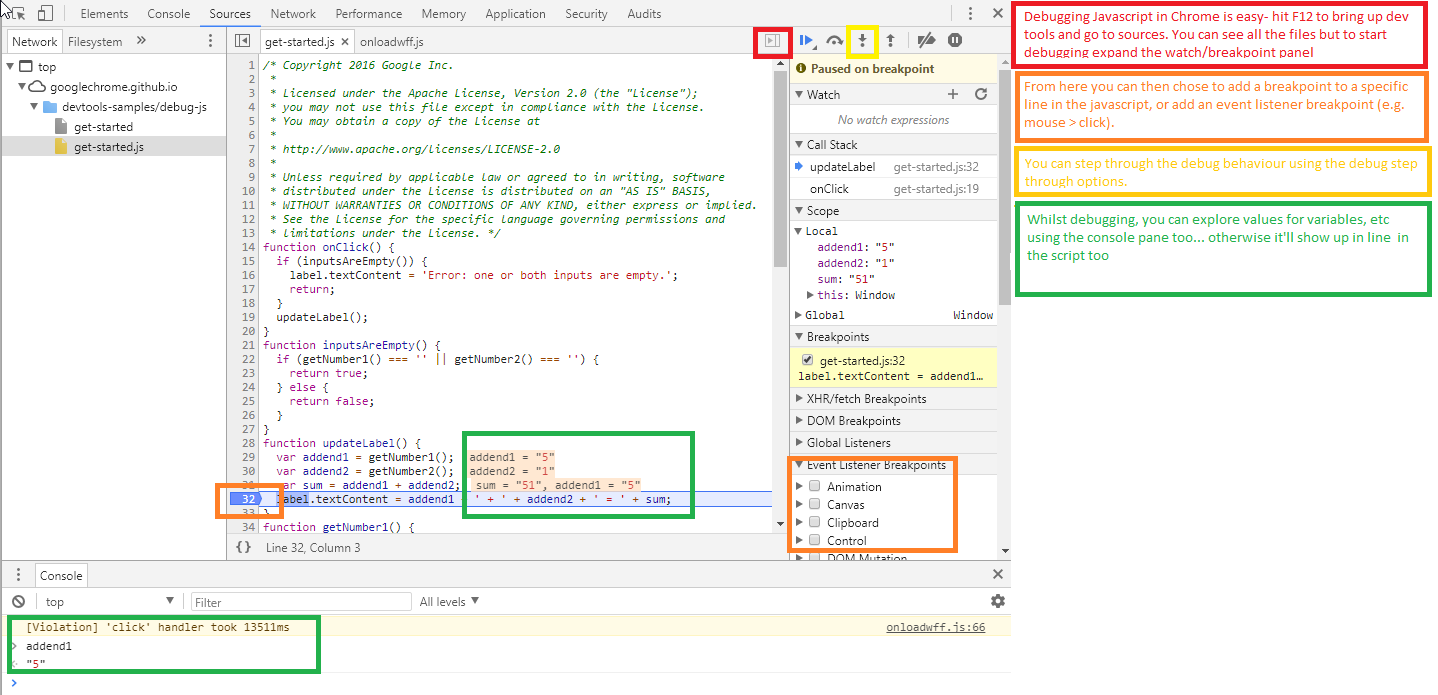 Google JavaScript Debug Example